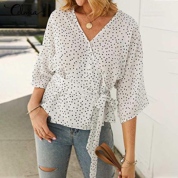 women's blouses & shirts celmia fashion polka dot blouse 2021 autumn women half sleeve v neck tunic belted loose casual office blusas, White
women's blouses & shirts celmia fashion polka dot blouse 2021 autumn women half sleeve v neck tunic belted loose casual office blusas, White