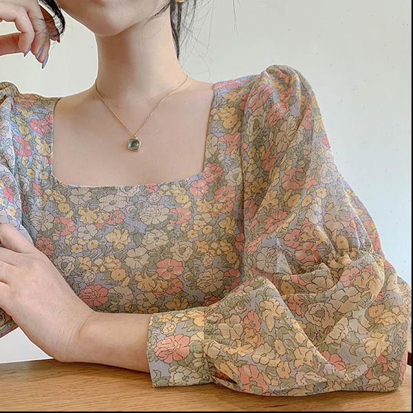 square neck floral chiffon women blouses lantern long sleeve blusas elegante mujer de moda korean fashion clothing vintage, White
square neck floral chiffon women blouses lantern long sleeve blusas elegante mujer de moda korean fashion clothing vintage, White