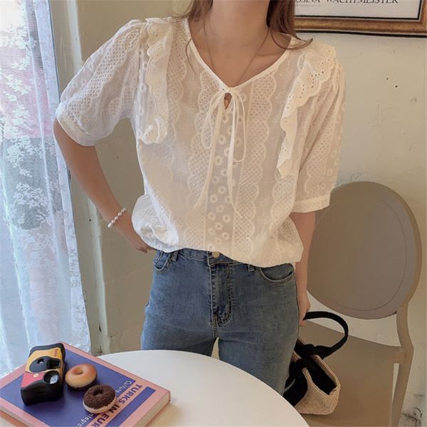 blouses gentle chic elegant embroidery summer patchwork hollow out up short sleeve ruffles all match lace blouse, White
blouses gentle chic elegant embroidery summer patchwork hollow out up short sleeve ruffles all match lace blouse, White