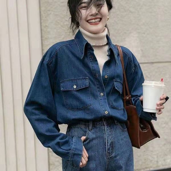 women's blouses & shirts spring/autumn women loose pockets design long sleeve blouse turn-down collar single breasted cotton denim, White
women's blouses & shirts spring/autumn women loose pockets design long sleeve blouse turn-down collar single breasted cotton denim, White