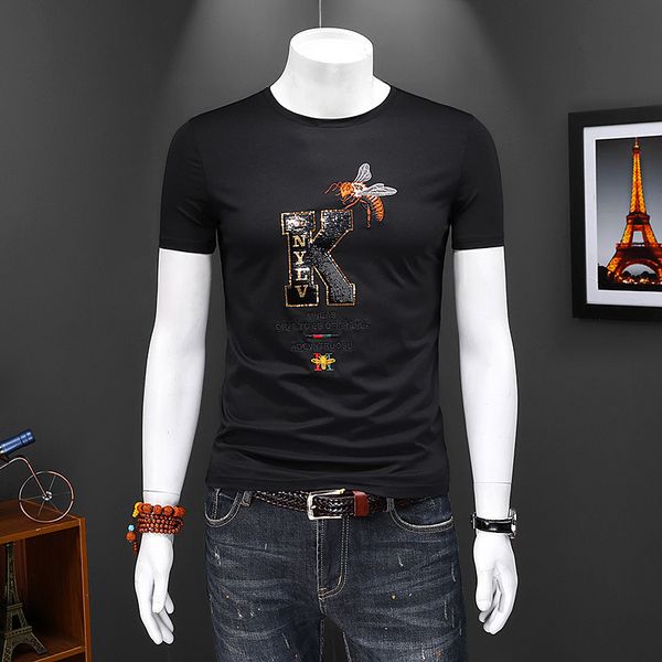 fashion t shirts 2021 summer men's mercerized cotton loose beaded embroidery short sleeve essential half, White;black
fashion t shirts 2021 summer men's mercerized cotton loose beaded embroidery short sleeve essential half, White;black
