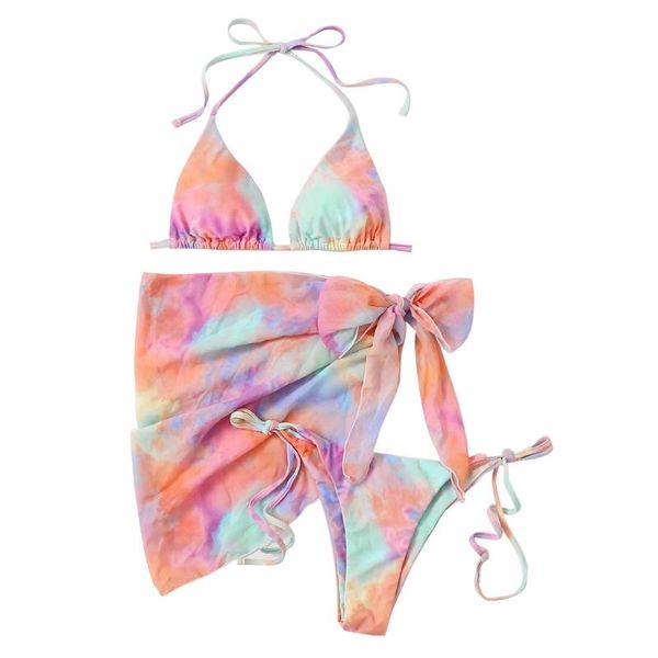 women's swimwear women 3pcs gradient rainbow bikini set halter brazilian swimsuit with sarong cover up beach skirt bathing suit, White;black
women's swimwear women 3pcs gradient rainbow bikini set halter brazilian swimsuit with sarong cover up beach skirt bathing suit, White;black
