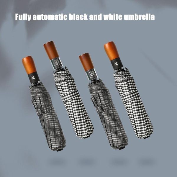 umbrellas automatic folding umbrella with metal log handle black and white lattice anti-ultraviolet ten-bone tri-fold
umbrellas automatic folding umbrella with metal log handle black and white lattice anti-ultraviolet ten-bone tri-fold