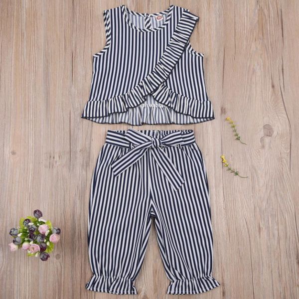 girl's two piece set, kid's stripe round neck sleeveless ruffles vest lace up waist pants for children summer 2021 clothing sets, White
girl's two piece set, kid's stripe round neck sleeveless ruffles vest lace up waist pants for children summer 2021 clothing sets, White