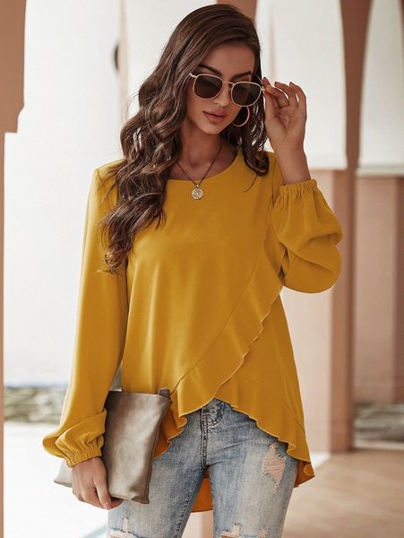 ruffle trim wrap front lantern sleeve blouse w7j3#, White