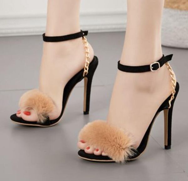sandals 2021 rubber sole suede stiletto buckle women metal chain fur decoration color matching high heels fashion, Black
sandals 2021 rubber sole suede stiletto buckle women metal chain fur decoration color matching high heels fashion, Black