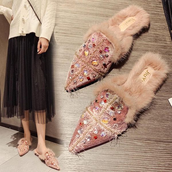 slippers pink mules glitter rhinestone pointed toe woman winter shoes flats plush metal chain close slides crystal flipflops, Black
slippers pink mules glitter rhinestone pointed toe woman winter shoes flats plush metal chain close slides crystal flipflops, Black
