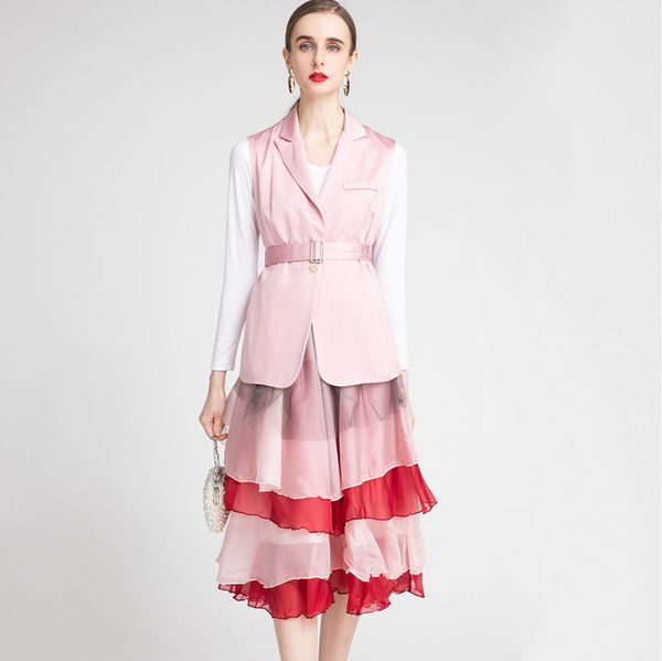 women's runway two piece dress turn down collar sleeveless blazers with tiered ruffles skirt fashion twinset sets, White
women's runway two piece dress turn down collar sleeveless blazers with tiered ruffles skirt fashion twinset sets, White