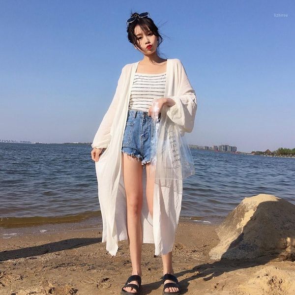 summer chiffon blouse white cardigan sun protection clothing long beach casual soft female fashion feminino women's swimwear, White;black
summer chiffon blouse white cardigan sun protection clothing long beach casual soft female fashion feminino women's swimwear, White;black