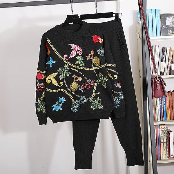 women's two piece pants fashion black knitted outfits women tracksuit handwork embroidery flowers pullover sweater long set female, White
women's two piece pants fashion black knitted outfits women tracksuit handwork embroidery flowers pullover sweater long set female, White