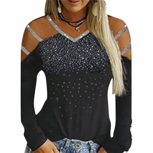 women's t-shirt summer fashion european and american style v-neck off-the-shoulder rhinestone long-sleeved slim, White
women's t-shirt summer fashion european and american style v-neck off-the-shoulder rhinestone long-sleeved slim, White