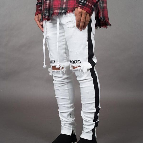 men jeans side striped knee hole ripped embroidery skiny black pencil pants drawstring clothing men's, Blue
men jeans side striped knee hole ripped embroidery skiny black pencil pants drawstring clothing men's, Blue