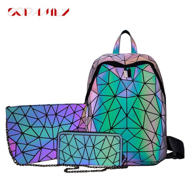 backpack women schoolbag fold crossbody bag for ladies set 3 pcs purse geometric backpacks luminous holographic mochila