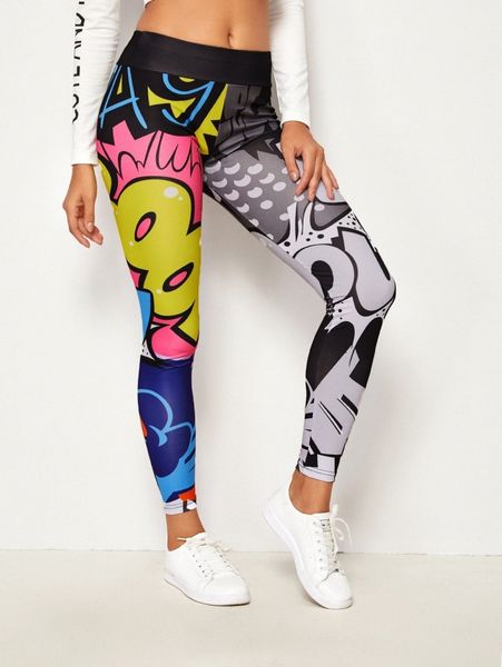 comic print wide band waist skinny leggings o6yf#, Black