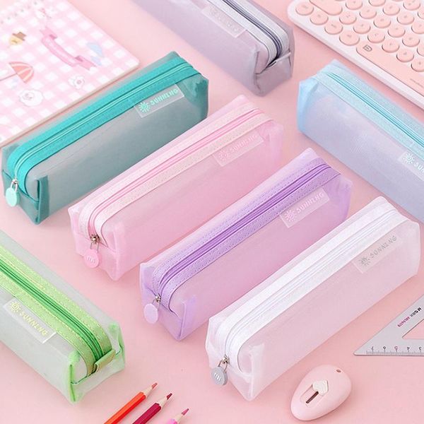 pencil bags school mesh cases kawaii cute solid color transparent box