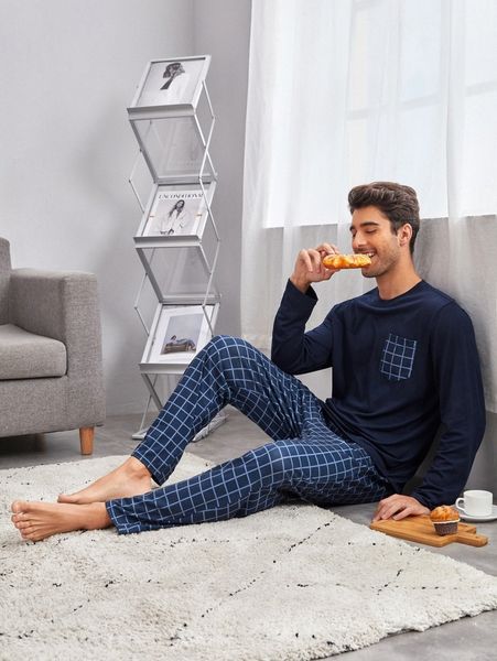 men windowpane print pj set i5km#, Black;brown 
men windowpane print pj set i5km#, Black;brown