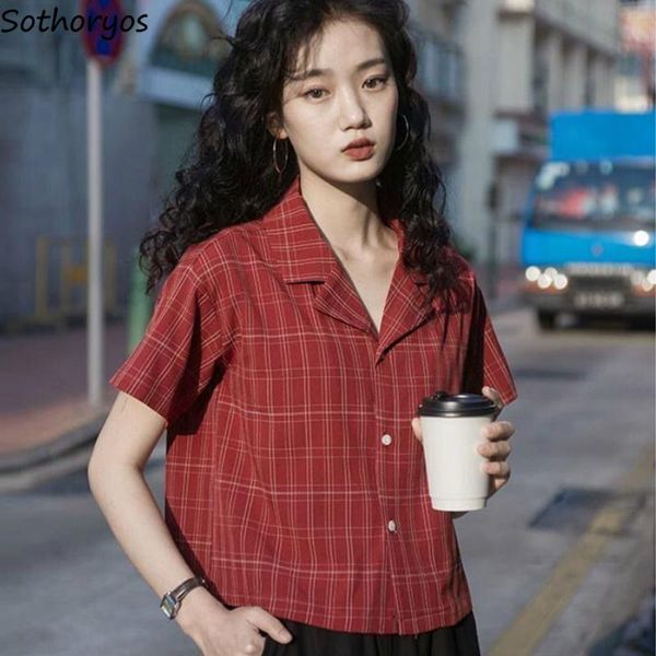 women blouses plaid notched retro crop loose casual all-match basic thin single breasted fashion korean style female chic women's & sh, White
women blouses plaid notched retro crop loose casual all-match basic thin single breasted fashion korean style female chic women's & sh, White