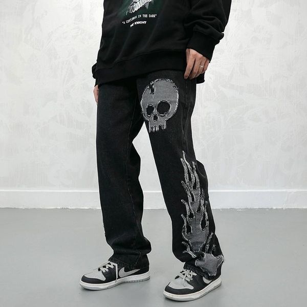 men's jeans hip hop skull embroidery straight ripped mens pants vibe style retro streetwear oversize casual loose denim trousers, Blue
men's jeans hip hop skull embroidery straight ripped mens pants vibe style retro streetwear oversize casual loose denim trousers, Blue