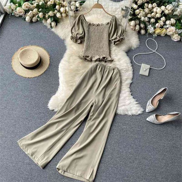 women two piece set summer solid simple streetwear fashion outfits slash neck puff sleeve shirts + wild pants 210531, White
women two piece set summer solid simple streetwear fashion outfits slash neck puff sleeve shirts + wild pants 210531, White