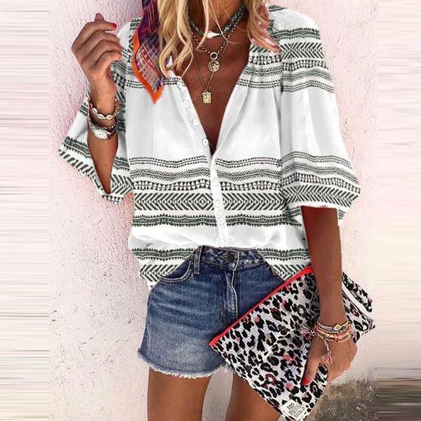 women's blouses & shirts loose ladies ethnic striped casual clothing short sleeve summer v neck elegant single breasted chic, White
women's blouses & shirts loose ladies ethnic striped casual clothing short sleeve summer v neck elegant single breasted chic, White