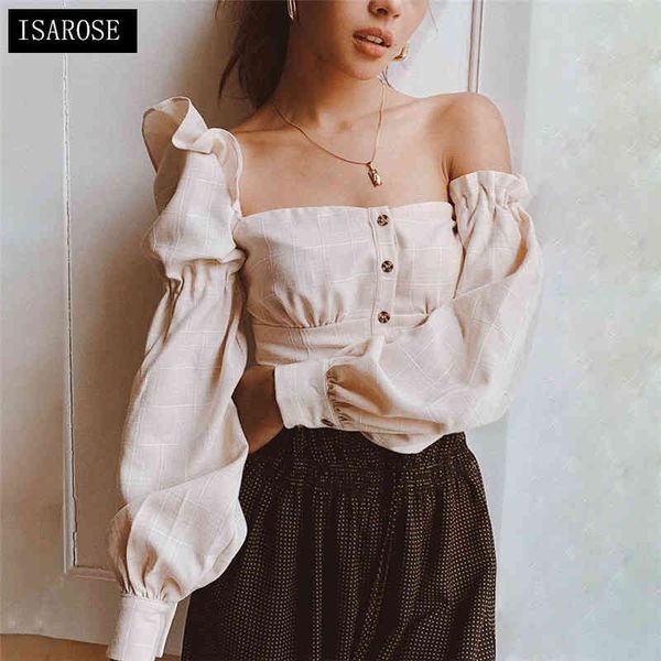 isarose female plaid blouse asymmetrical shoulder lantern sleeve short single row buttons women high street clothes 210422, White
isarose female plaid blouse asymmetrical shoulder lantern sleeve short single row buttons women high street clothes 210422, White