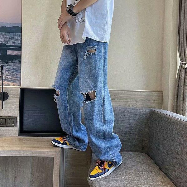 men's jeans ripped hip-hop straight-leg korean casual fashion loose streetwear wide-leg men, Blue
men's jeans ripped hip-hop straight-leg korean casual fashion loose streetwear wide-leg men, Blue