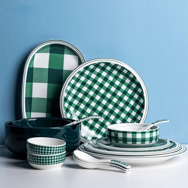 dish set household creative personality green grid ceramic tableware european style simple rice bowl western plate dishes & plates
dish set household creative personality green grid ceramic tableware european style simple rice bowl western plate dishes & plates