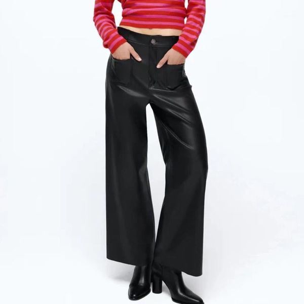 women's pants & capris za 2021 spring and autumn slim black nine-point wide-leg casual imitation leather straight-leg, Black;white
women's pants & capris za 2021 spring and autumn slim black nine-point wide-leg casual imitation leather straight-leg, Black;white