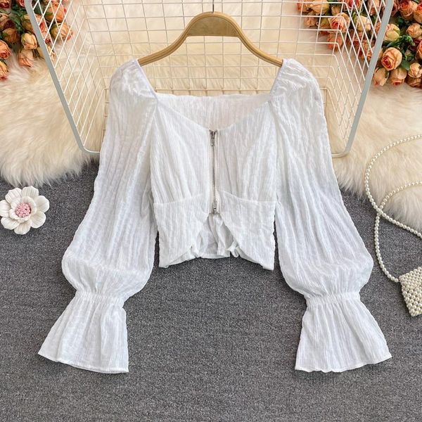 women's blouses & shirts 2021 autumn french flare sleeve short women square collar leaky collarbone shirt girl fashion zip, White
women's blouses & shirts 2021 autumn french flare sleeve short women square collar leaky collarbone shirt girl fashion zip, White