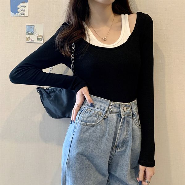 plus size women's autumn winter fake two splicing bare shoulder bottom black long sleeve casual tshirt 922i 210420, White
plus size women's autumn winter fake two splicing bare shoulder bottom black long sleeve casual tshirt 922i 210420, White