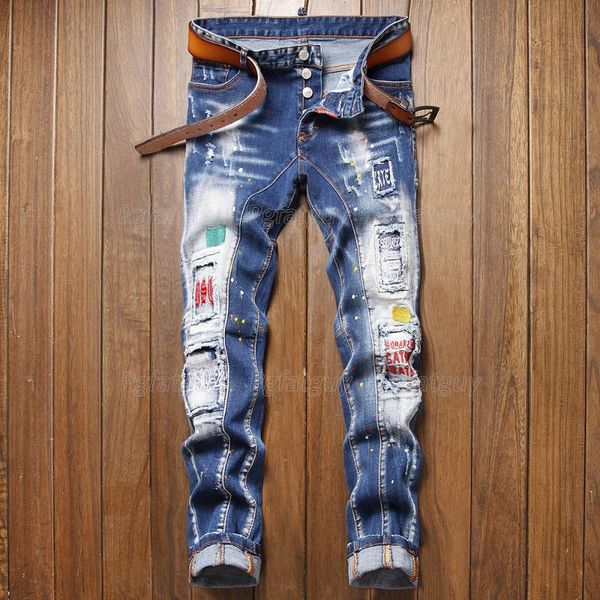 men's jeans tattered white patch denim pants european biker letter embroidred paint inkjet pantalons pour hommes, Blue
men's jeans tattered white patch denim pants european biker letter embroidred paint inkjet pantalons pour hommes, Blue