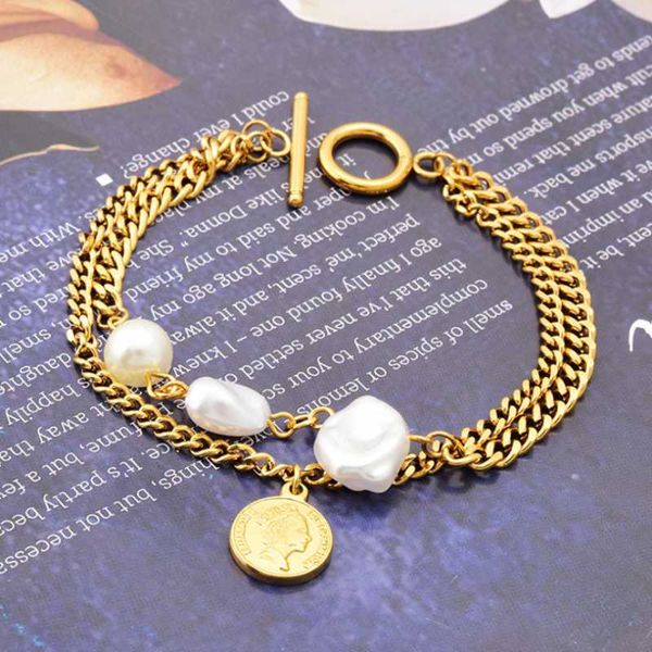 link, chain 316l stainless steel fashion upscale jewelry 2 layer ot shape buckle pearl queen avatar charms thick bracelet for women, Black
link, chain 316l stainless steel fashion upscale jewelry 2 layer ot shape buckle pearl queen avatar charms thick bracelet for women, Black
