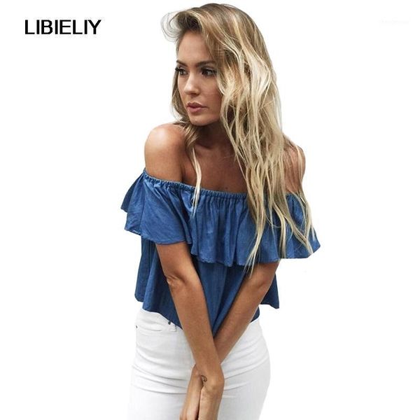 women's blouses & shirts nice summer fashion off shoulder women denim blouse shirt casual ruffles slash neck blue blusas loose, White
women's blouses & shirts nice summer fashion off shoulder women denim blouse shirt casual ruffles slash neck blue blusas loose, White
