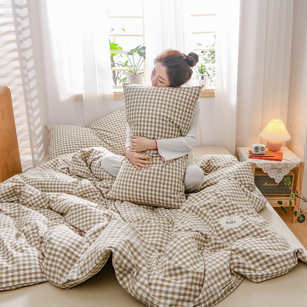 washable 4-piece set of pure cotton simple lattice strip naked sleeping dormitory nordic no print sheet, fitted sheet and bedding
washable 4-piece set of pure cotton simple lattice strip naked sleeping dormitory nordic no print sheet, fitted sheet and bedding
