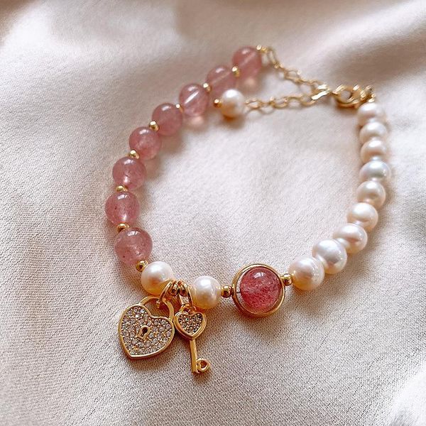 beaded, strands real gold electroplating freshwater pearl strawberry crystal key lock baroque bracelet student simple jewelry female, Black
beaded, strands real gold electroplating freshwater pearl strawberry crystal key lock baroque bracelet student simple jewelry female, Black