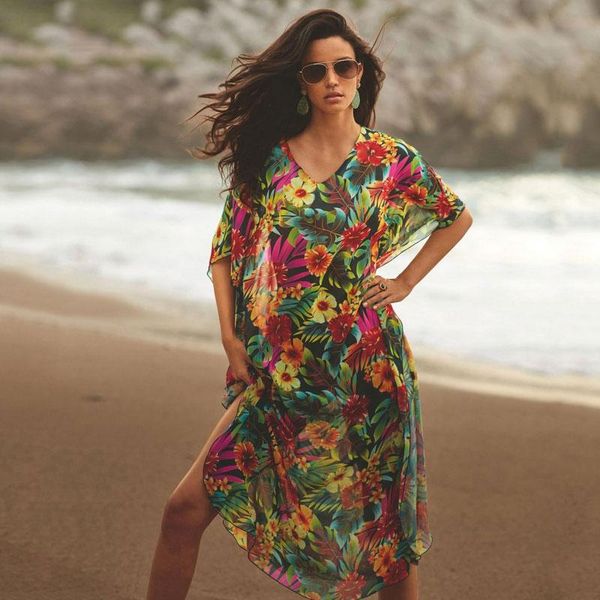 women's swimwear floral beach dress 2021 summer women chiffon cover ups short sleeve loose holiday long party shirt drop, White;black