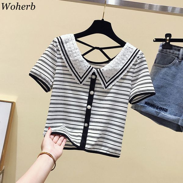 shirt women black white striped short-sleeve t-shirt summer lace peter pan collar korean backless fashion tees 210417
shirt women black white striped short-sleeve t-shirt summer lace peter pan collar korean backless fashion tees 210417