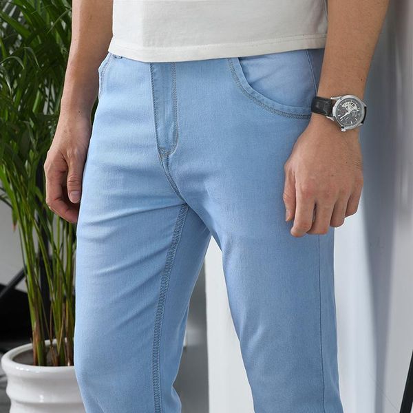 spring light and soft cotton pants stretch men's slim straight jeans classic brand thin casual blue
spring light and soft cotton pants stretch men's slim straight jeans classic brand thin casual blue
