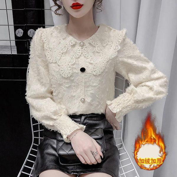 women's blouses & shirts winter doll collar lace chiffon shirt for women blouse blusas ropa de mujer, White