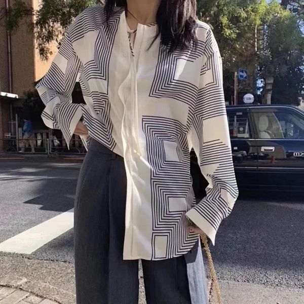 women's suits & blazers suit silk blouse geometric line print loose lace-up long sleeve casual shirt with bu vahi, White;black
women's suits & blazers suit silk blouse geometric line print loose lace-up long sleeve casual shirt with bu vahi, White;black