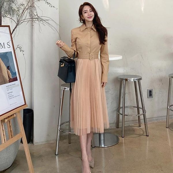 autumn korean style elegant shirt long dress women fashionable waist stitching mesh pleated office lady wear casual dresses, Black;gray
autumn korean style elegant shirt long dress women fashionable waist stitching mesh pleated office lady wear casual dresses, Black;gray