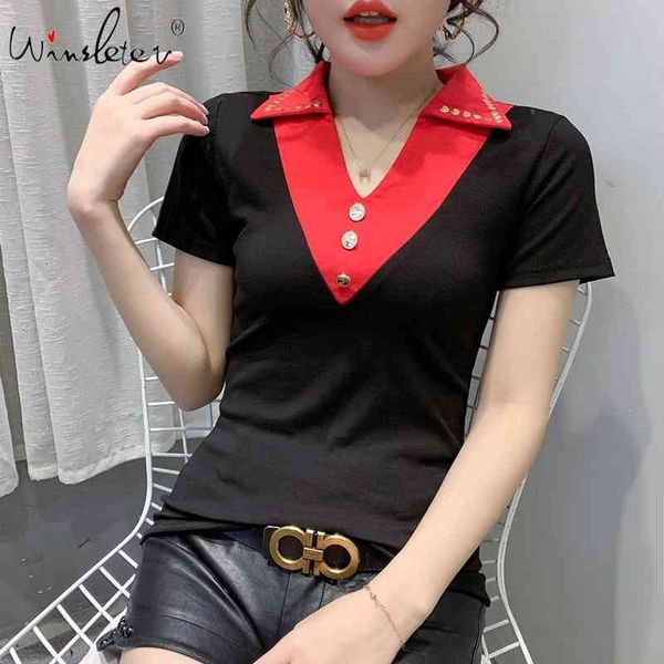 women's t-shirt summer korean clothes t-shirt fashion contrast color patchwork rivet women cotton ropa mujer short sleev, White
women's t-shirt summer korean clothes t-shirt fashion contrast color patchwork rivet women cotton ropa mujer short sleev, White