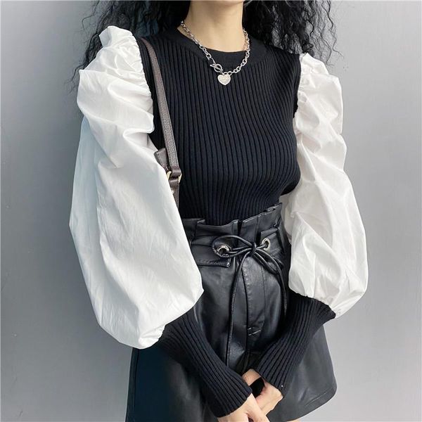 women's blouses & shirts 2021 spring women blouse puff long sleeve europe america cool black fake 2 piece splicing streetwear, White
women's blouses & shirts 2021 spring women blouse puff long sleeve europe america cool black fake 2 piece splicing streetwear, White