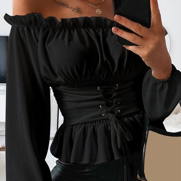 jacket coat autumn casual womens shirt solid color long sleeve ruffled hem off shoulder blouse, White
jacket coat autumn casual womens shirt solid color long sleeve ruffled hem off shoulder blouse, White