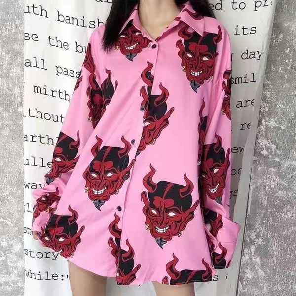 fashion blouse summer korean style women sweaters demon print shirt long sleeve single breasted spring cool, White;black
fashion blouse summer korean style women sweaters demon print shirt long sleeve single breasted spring cool, White;black