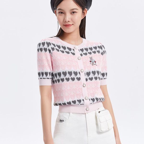 women's knits & tees summer cardigan thin sweater pink cartoon embroidery knitwear heart print jacquard knitted short, White
women's knits & tees summer cardigan thin sweater pink cartoon embroidery knitwear heart print jacquard knitted short, White