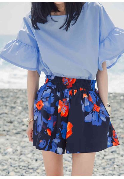 women's shorts women two pieces set summer ruffle loose solid blue blouses with navy floral print elastic waist sweet fashion suits rh, White;black
women's shorts women two pieces set summer ruffle loose solid blue blouses with navy floral print elastic waist sweet fashion suits rh, White;black