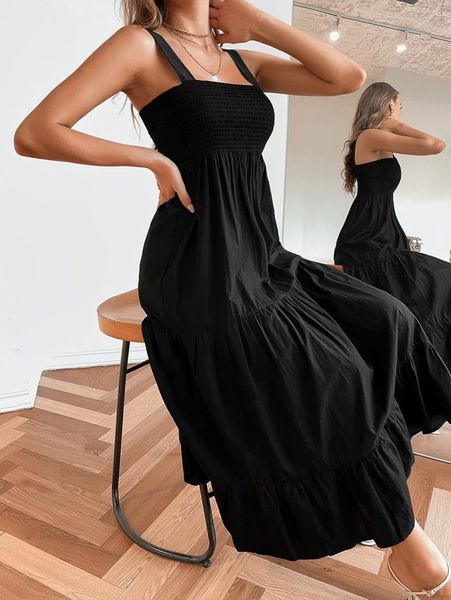 solid shirred ruffle hem cami dress she, Black;gray