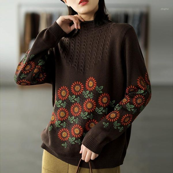 johnature pullover vintage flower half high collar women loose sweaters casual 2021 winter all-match women's, White;black
johnature pullover vintage flower half high collar women loose sweaters casual 2021 winter all-match women's, White;black