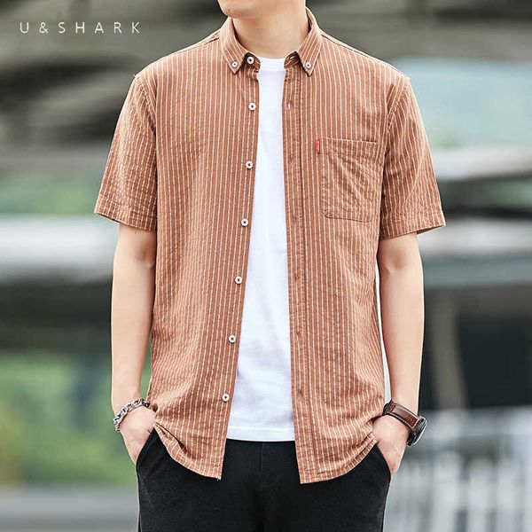 u&shark fashion summer short sleeve striped shirt young men button up shirts korean clothes 100% cotton orange casual shirt male 210603, White;black
u&shark fashion summer short sleeve striped shirt young men button up shirts korean clothes 100% cotton orange casual shirt male 210603, White;black